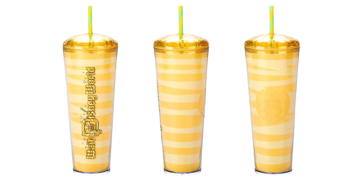 Three tall, reusable tumblers with yellow and white stripes, each capped with a yellow lid and a green straw. The front tumbler displays a logo featuring palm trees and the words "Paradise Found.