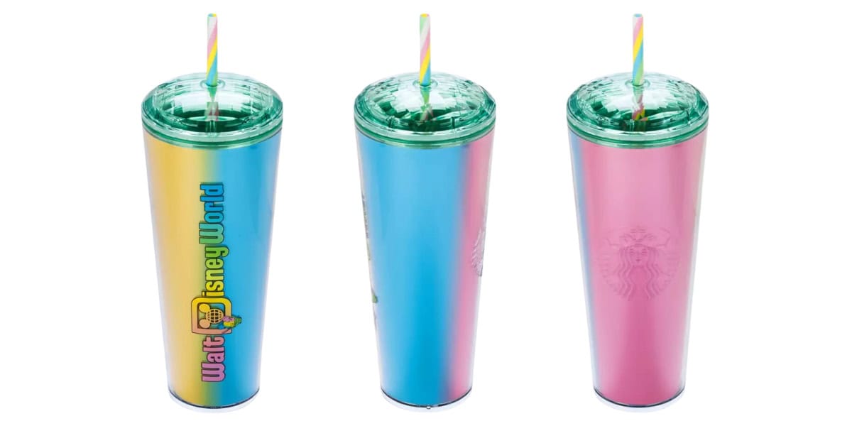 Three colorful tumblers with straws are shown. The first tumbler has "Walt Disney World" on a yellow and blue gradient. The second and third tumblers have a pink and blue gradient with a Starbucks logo. Each has a green lid.