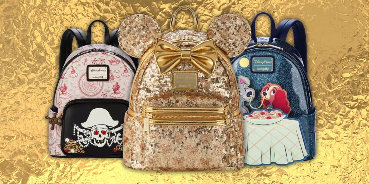 Three colorful backpacks are displayed against a gold textured background. The center backpack features sequin details with mouse ears and a gold bow. The others display various cartoon designs, including a skull and characters dining with spaghetti.