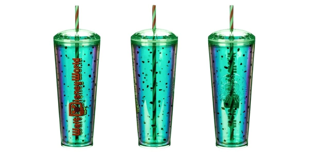 Three images of a tall, green translucent tumbler with a matching lid and straw. The tumbler features a design with black specks and a "Walt Disney World" logo on one side.