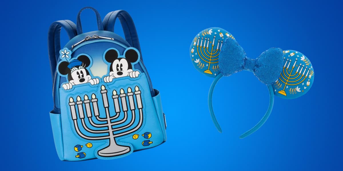 A blue backpack featuring cartoon characters peeking over a menorah, alongside a matching headband with blue sequin ears and menorah designs on a blue gradient background.