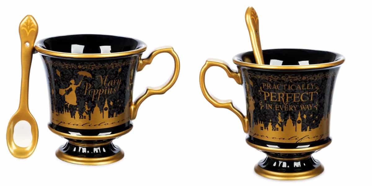 Two elegant black and gold teacups with "Mary Poppins" silhouettes and "Practically Perfect in Every Way" text. Each cup has a matching gold spoon with an ornate handle. The design features charming silhouettes of Mary Poppins holding an umbrella.