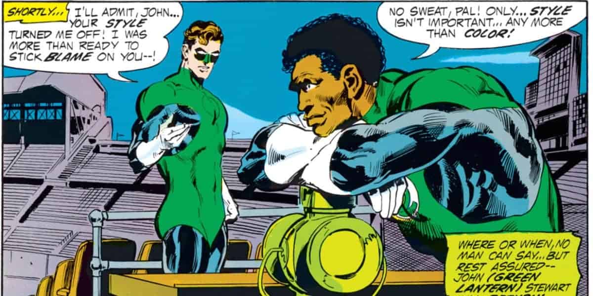 Comic panel showing two superheroes in green costumes with a lantern. One leans on a table, reflecting, while the other stands beside him, talking. Text bubbles discuss the importance of style versus color. They're in a large room or stadium.
