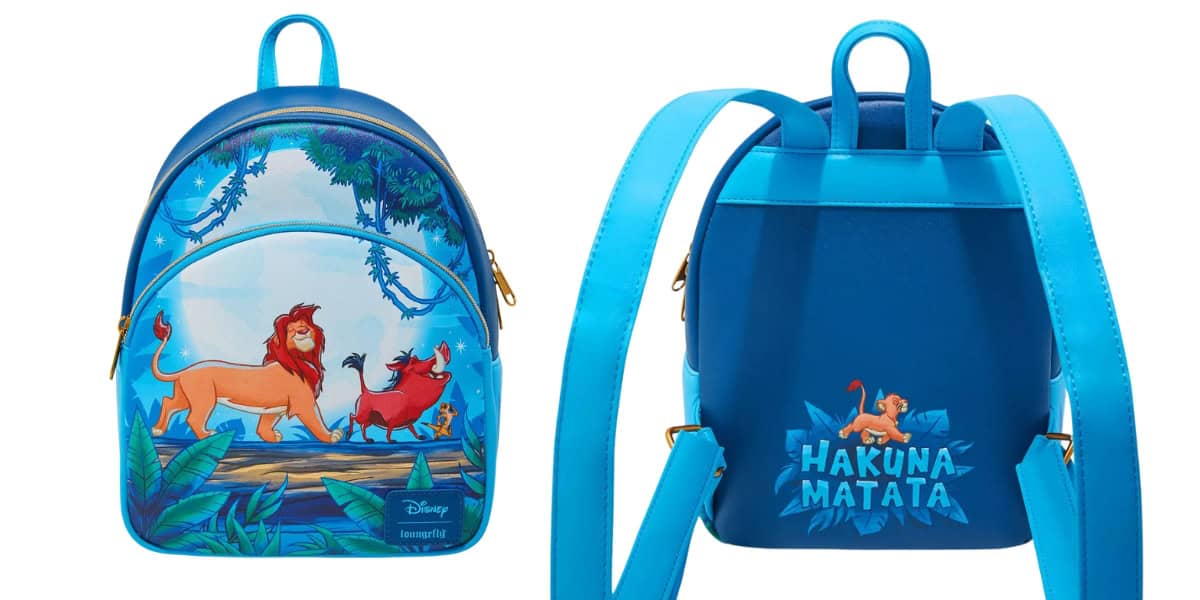 Front and back view of a blue Disney backpack featuring characters from "The Lion King." The front shows Simba, Timon, and Pumbaa with foliage, and the back has "Hakuna Matata" text with a small image of the characters.