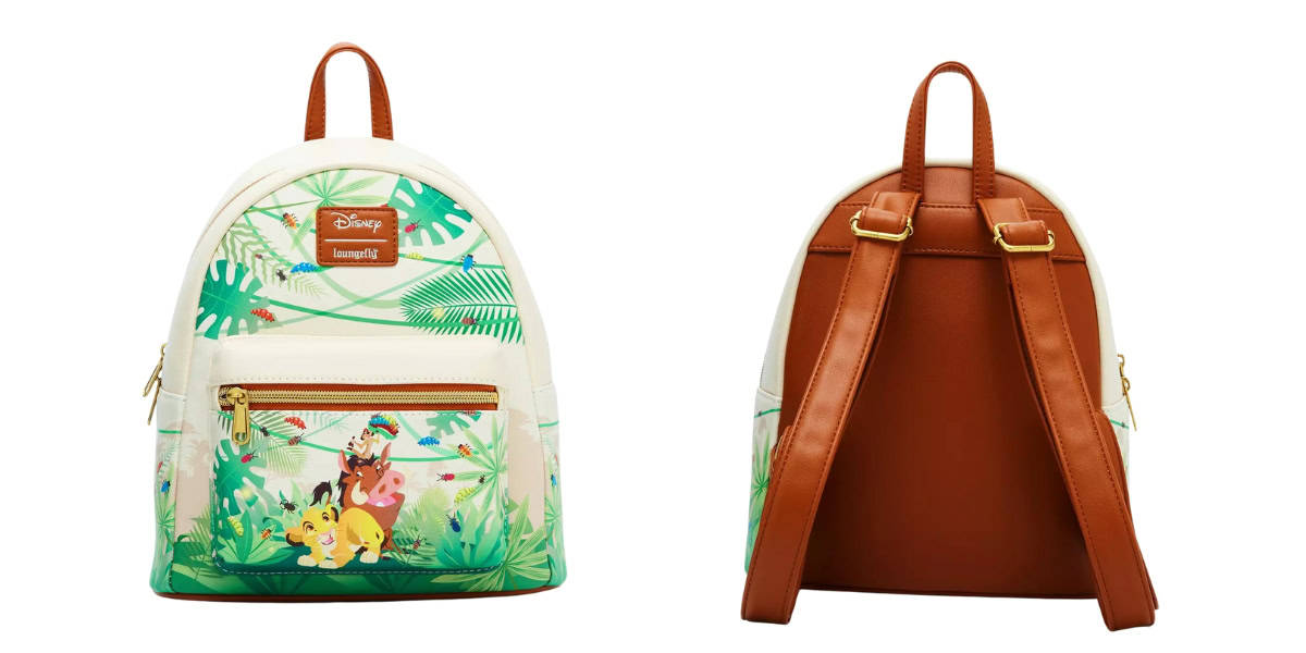 Front and back view of a Disney-themed backpack featuring cartoon characters in a jungle setting. The backpack has brown straps and a zippered front pocket with colorful prints of leaves and animals.
