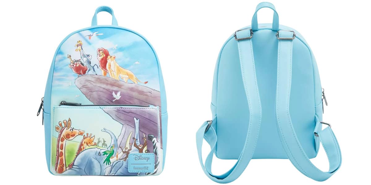 Front and back views of a light blue mini backpack featuring a "Lion King" design. The front shows characters standing on Pride Rock, and the back is plain with adjustable straps.