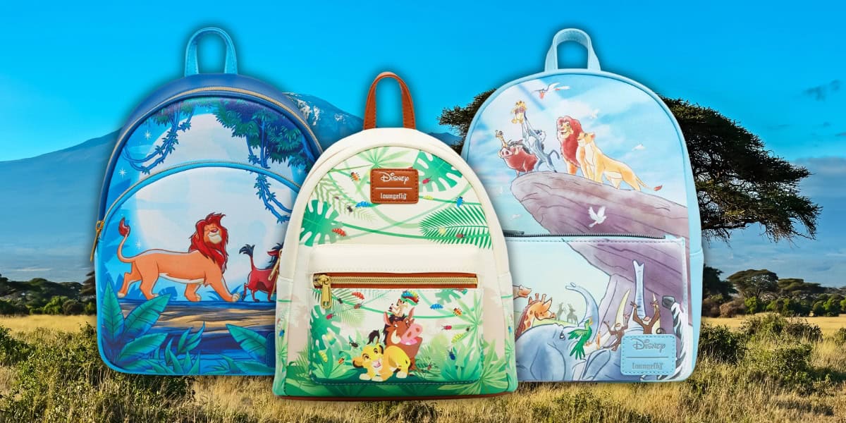 Three colorful backpacks with "The Lion King" themed designs are displayed against a savanna backdrop. Each backpack features characters and scenes from the movie, highlighting vibrant images of lions and jungle landscapes.
