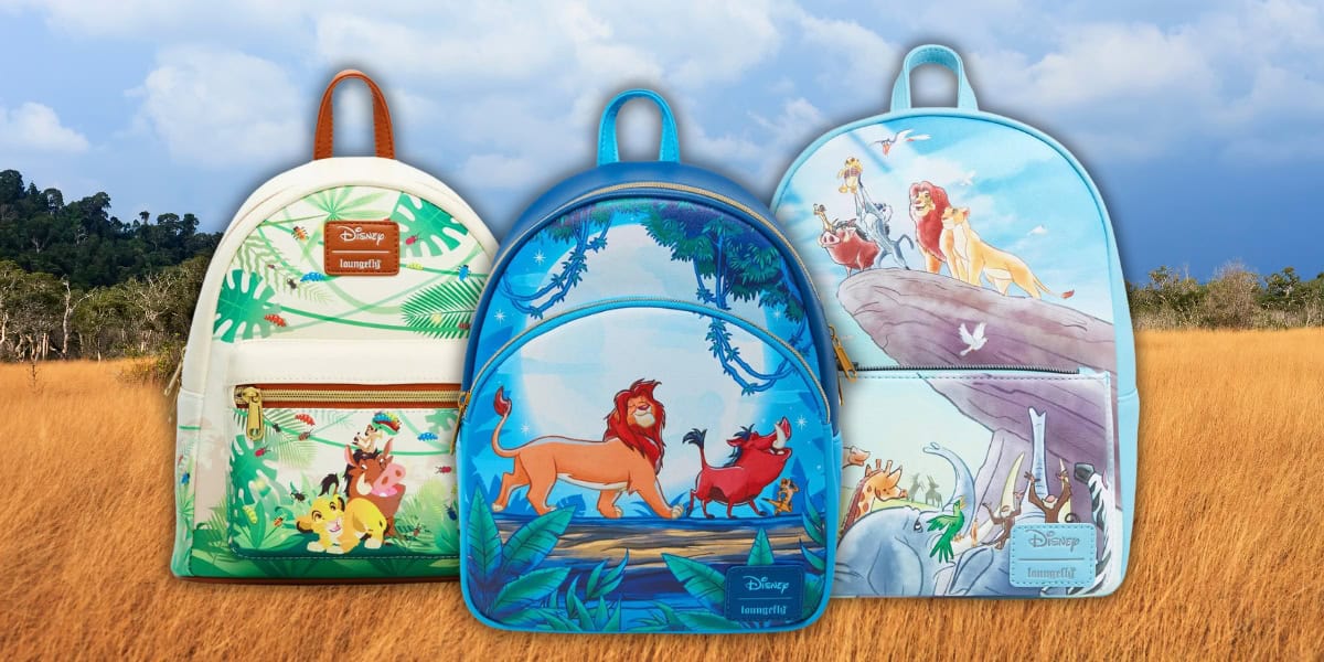 Three colorful backpacks featuring "The Lion King" characters are displayed against a savanna backdrop. Each backpack showcases scenes like Simba with Timon and Pumbaa, and iconic moments from the movie.