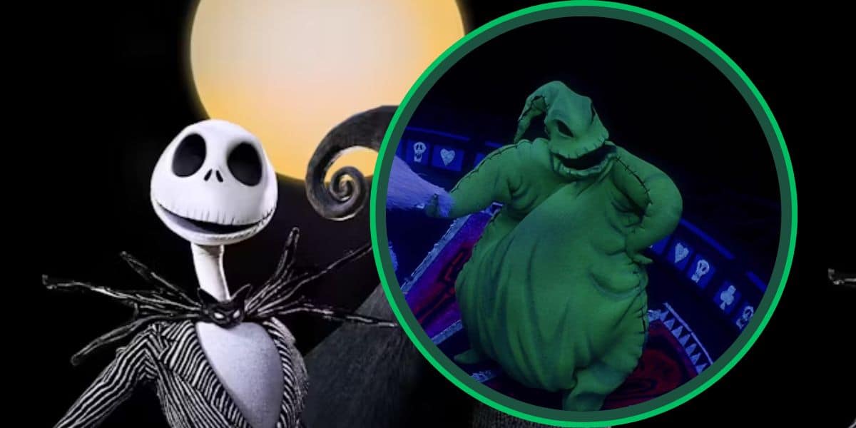 A character with a skeleton face, black eye sockets, black stitched mouth, and striped suit stands next to a circular inset showing a green, sack-like character with a toothy grin. A large moon glows in the background. Both characters are from "The Nightmare Before Christmas.