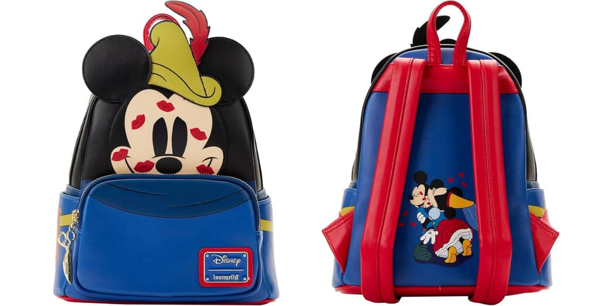 Front and back view of a Disney-themed backpack featuring Mickey Mouse. The front shows Mickey's face with lipstick kiss marks, and the back displays an image of Mickey and Minnie Mouse embracing. The bag is blue, red, and yellow.