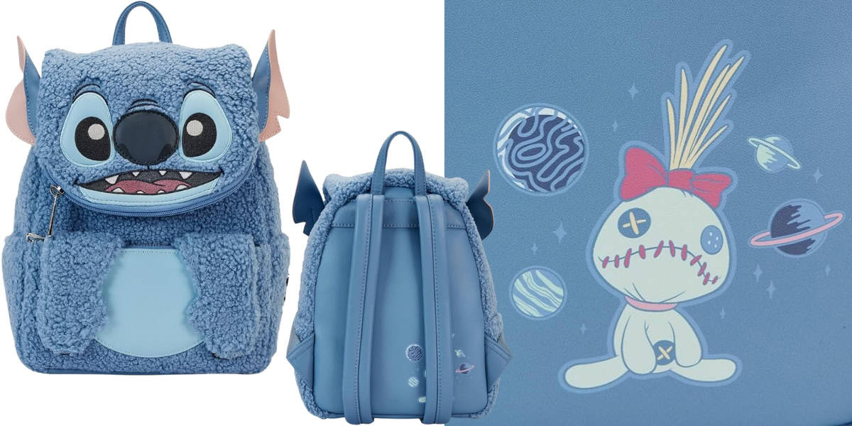 A blue backpack featuring a character with big eyes and ears, resembling a popular animated creature. The back shows a stitched doll with a red bow, surrounded by planets. The backpack has a fluffy texture on the front.
