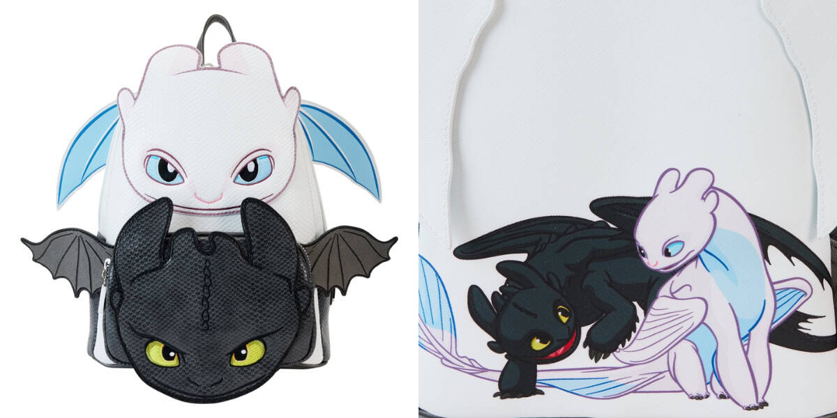 Two images side by side. Left: A backpack shaped like two cartoon dragons, one black with green eyes and one white with blue eyes. Right: An illustration of the same dragons playfully interacting on a white surface.