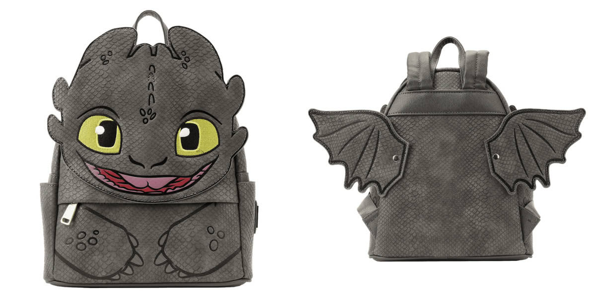 A backpack featuring a dragon design with large green eyes and a wide smile on the front. It's gray with a textured pattern, resembling scales, and has dragon wing details on the back. The bag has adjustable straps and a top handle.