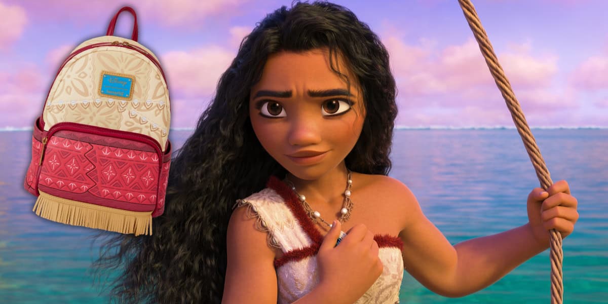Animated character with long curly hair holding a rope, standing on a boat against a blue sea and sky backdrop. A beige and red backpack with fringe detailing is visible beside her.