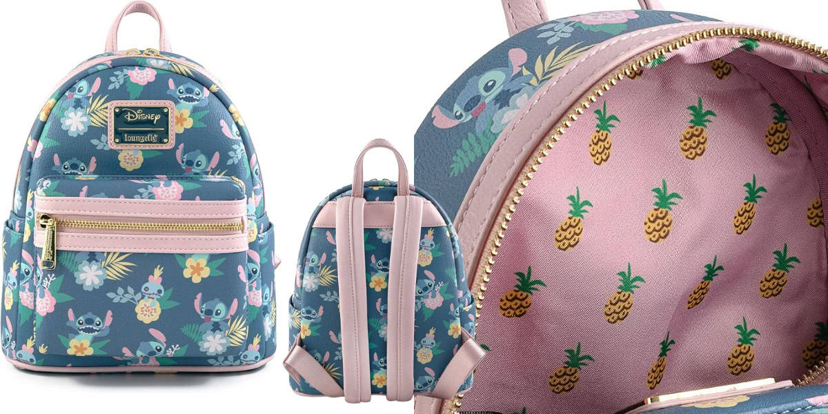 A small blue backpack featuring a Hawaiian print with Stitch from Disney, hibiscus flowers, and palm leaves. The interior is lined with a pink pineapple pattern. The backpack has pink straps and gold zippers.