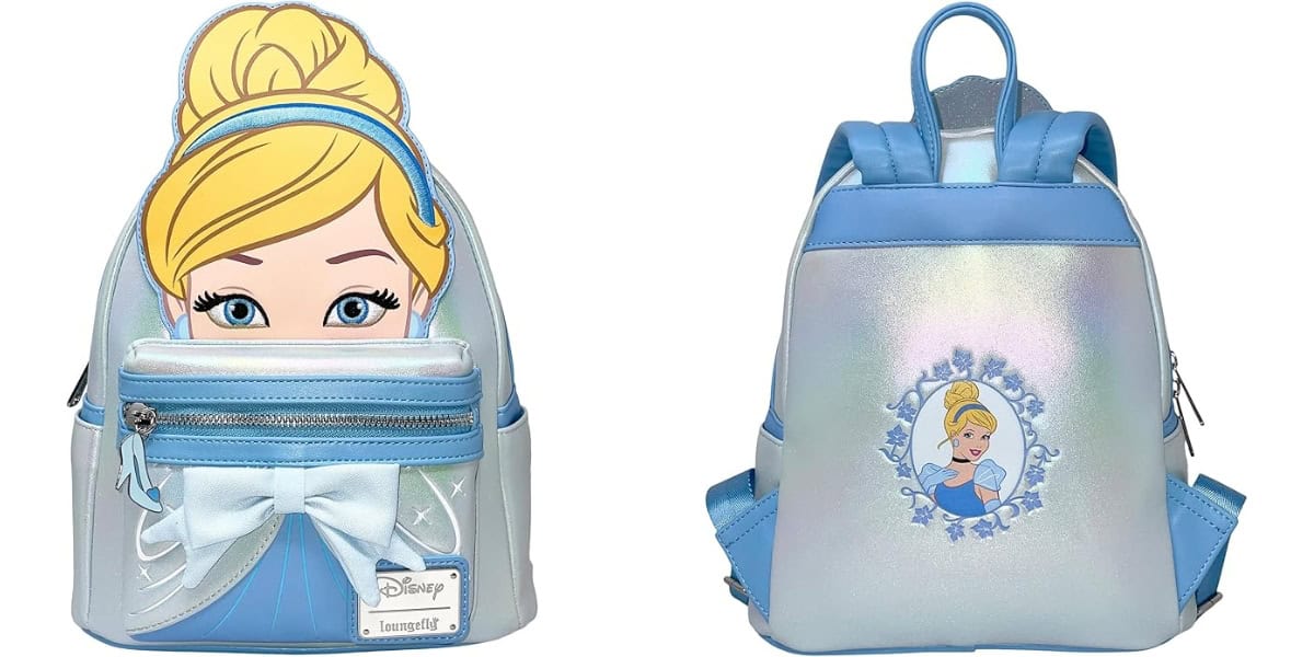 Front and back view of a Cinderella-themed backpack. The front features a stylized image of Cinderella's face, a silver bow, and a zipper. The back shows an iridescent finish with a small portrait of Cinderella and blue accents.