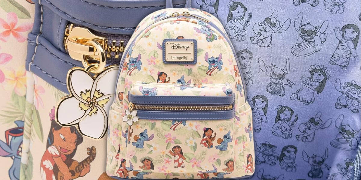 A collection of Disney-themed bags featuring Stitch from "Lilo & Stitch." The designs include floral patterns and playful images of Stitch in various poses on a backpack, with a Hawaiian flower charm attached.