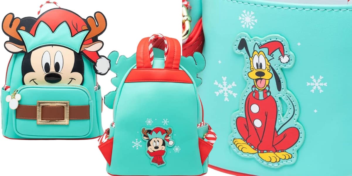 Holiday-themed cartoon character backpacks and purses in bright teal and red are displayed. The bags have designs of familiar cartoon characters wearing festive hats and winter attire with snowflake accents.