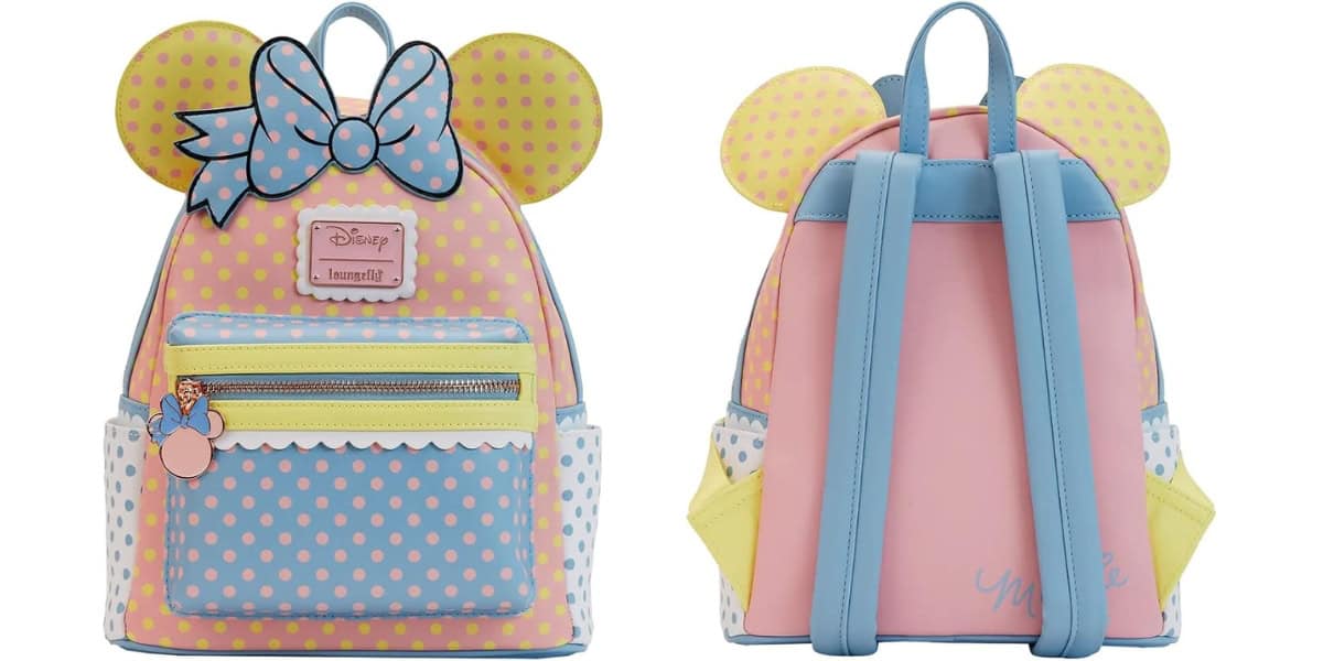 Front and back views of a pastel-colored Disney backpack with mouse ears, polka dots, and a large bow. The front has a zippered pocket and charm, while the back features two adjustable straps.