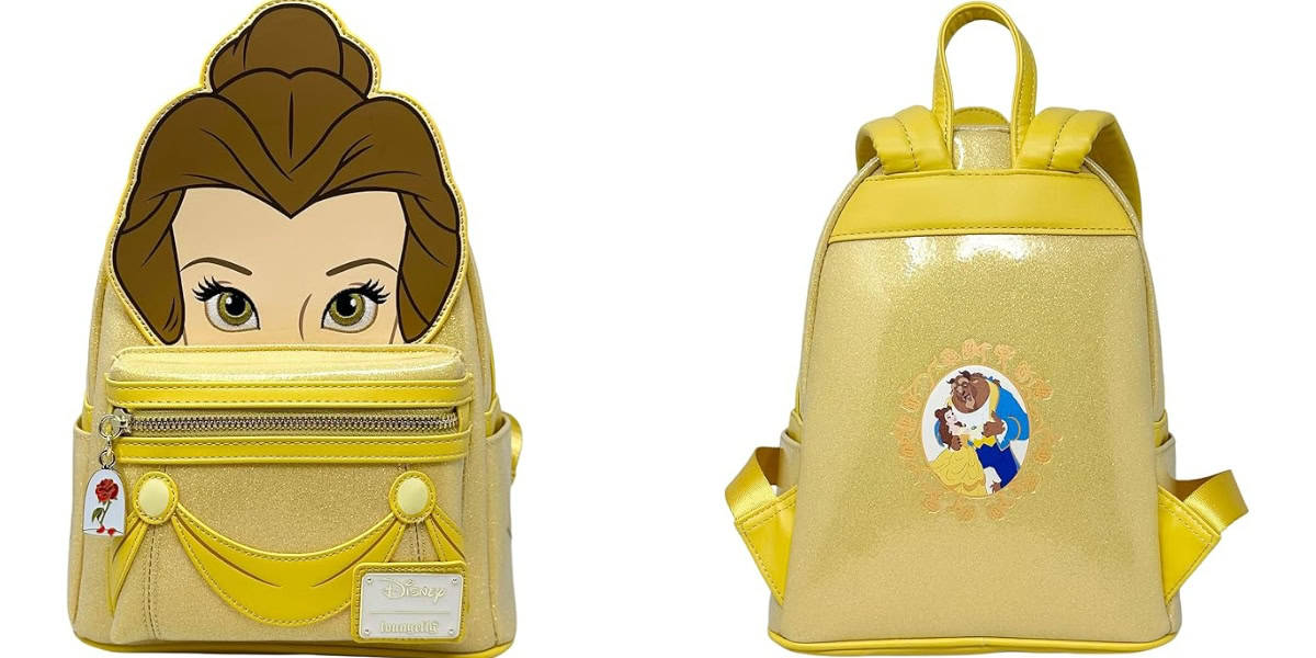 Two yellow backpacks are shown. The left one features a design with a cartoon character's face and zipper pockets. The right one has a round graphic depicting two cartoon characters dancing and adjustable straps. Both have shiny finishes.