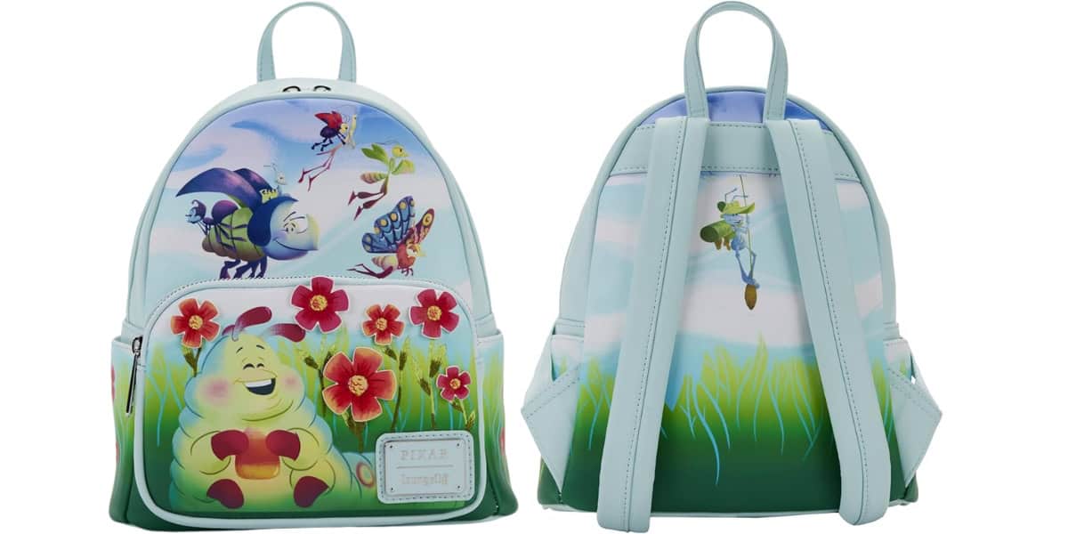 Two blue backpacks with cartoon bug designs. The front shows cheerful bugs and red flowers, while the back has a flying fairy amid grass.