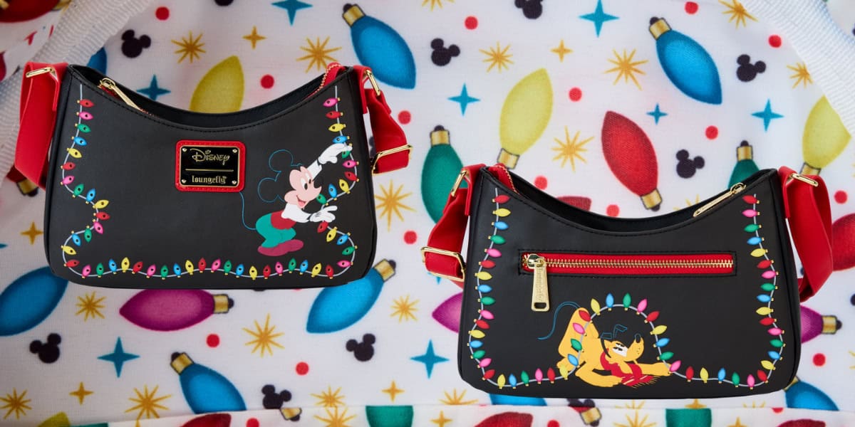 Two black handbags with Disney designs. One features Mickey Mouse by a zipper, and the other shows a character sleeping surrounded by holiday lights. Both bags have red straps and colorful light motifs, displayed on a festive patterned background.