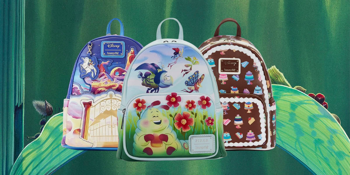 Three colorful Disney-themed backpacks are displayed in front of a large leaf. Each has unique cartoon designs, including whimsical scenes and characters. The background is a lush, green environment, enhancing the vivid colors of the backpacks.