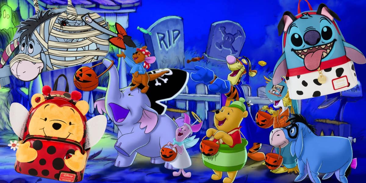 A group of cartoon animals in Halloween costumes, including a bear with a pumpkin and a donkey wrapped in bandages, stand in a spooky graveyard. They hold trick-or-treat bags, surrounded by other costumed characters and tombstones in the background.
