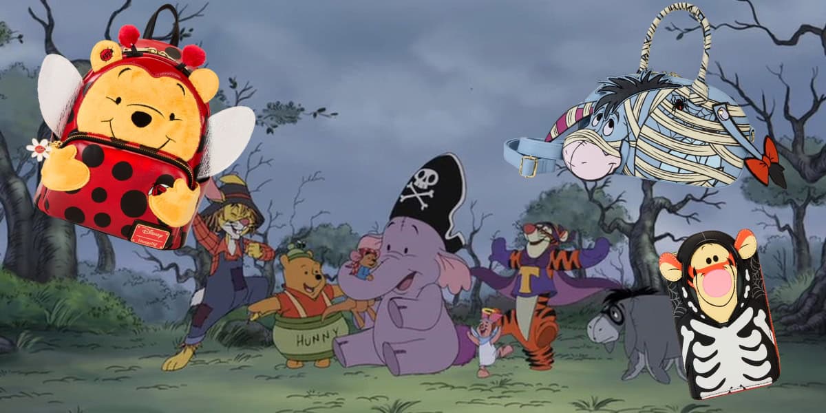 A group of animated characters, including a bear, a donkey, and a tiger, are dressed in Halloween costumes in a forest setting. Bags resembling characters are floating above them. The scene is set on a cloudy day.