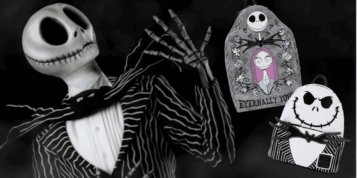 A character with a skeletal face and striped suit stands with a hand raised. Next to them are two bags, one with a grinning face design and another featuring a character in a dress with "Eternally Yours" written below. Both bags are Halloween-themed.