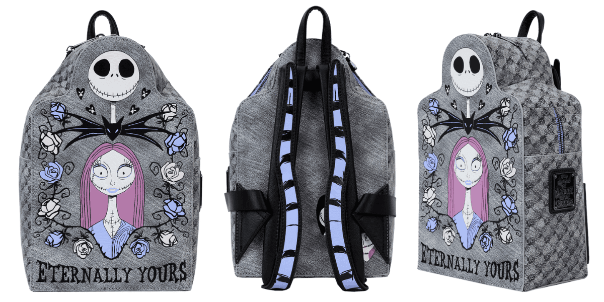 Three views of a backpack featuring a spooky illustration of a stitched character with a crescent-shaped mouth, surrounded by roses and the text "Eternally Yours." It has black straps and a textured gray pattern.
