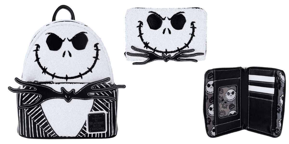 A white backpack and wallet featuring a stylized face with stitched smile and large eyes, reminiscent of a spooky character. The wallet is open revealing card slots with skull designs. Both have black and white striped accents.