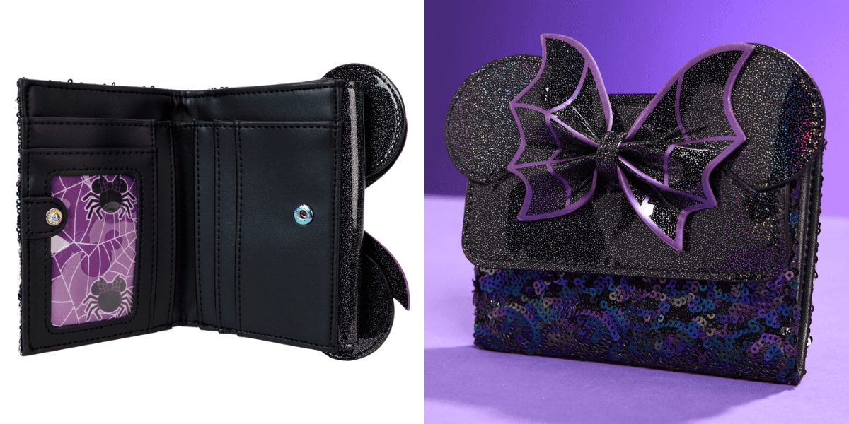 A black sequined wallet with bat ears and a purple bat bow. The open wallet reveals a black and purple spiderweb interior with a spider design. The wallet features a button closure. The background is purple.