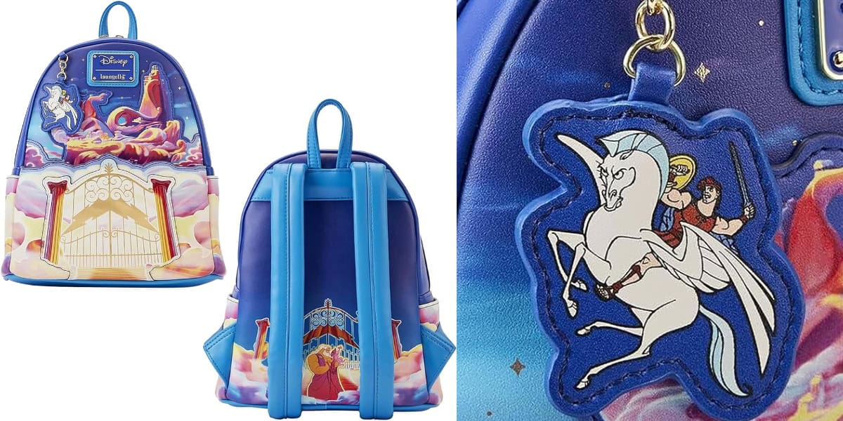 A vibrant Disney-themed backpack featuring colorful fantasy illustrations. The front displays a castle scene, while the back showcases an enchanted gate. A close-up shows a keychain with a person riding a white horse.