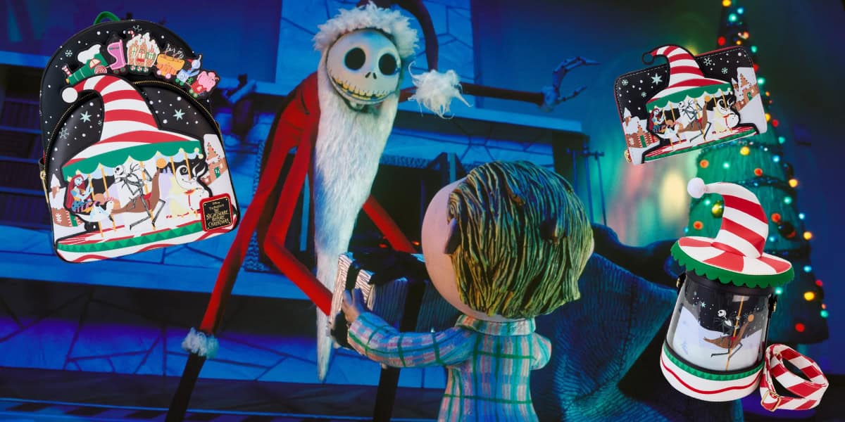 A holiday-themed scene with an animated skeleton wearing a Santa suit greeting a child. Surrounding them are festive merchandise, such as a backpack, lunch bag, and a cylindrical box, all featuring Christmas designs and cartoon characters.
