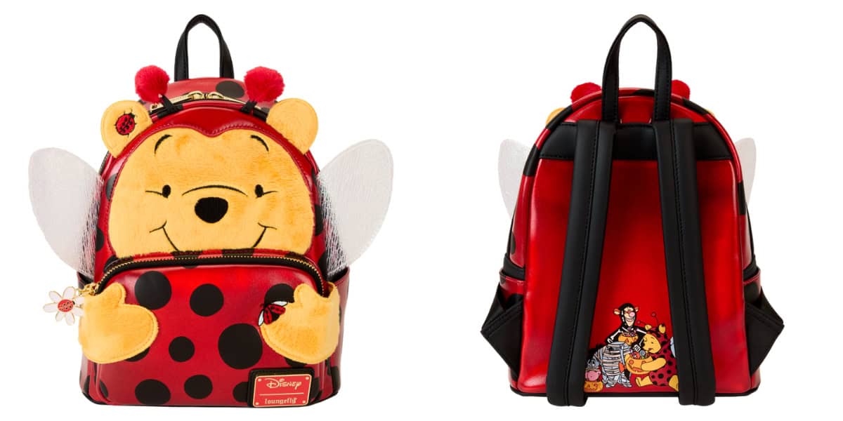 Front and back view of a mini backpack designed as a ladybug-themed bear with wings and plush features. The front is yellow with red and black polka dots, while the back has red accents and a small cartoon graphic.