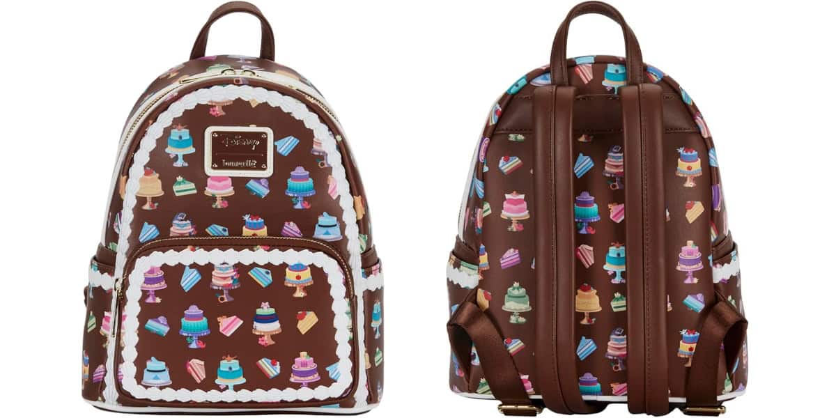 Front and back views of a brown backpack with colorful cake and dessert designs. The bag has a prominent label on the front and features adjustable straps.