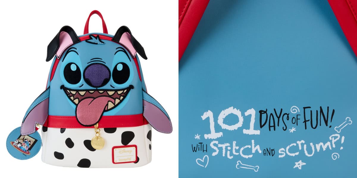A playful backpack featuring a cartoon character with large ears, big eyes, and a wide grin. The body is blue with a red strap and a bottom half resembling dalmatian spots. Text reads "101 days of fun with Stitch and Scrump!.