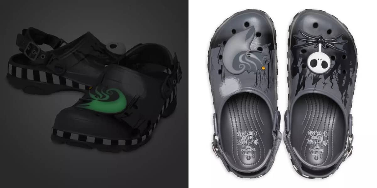 A pair of black Crocs featuring spooky Halloween designs. The left shoe displays a green ghost, while the right shoe showcases a ghostly face and themed artwork, both in a dark color scheme with striped accents.