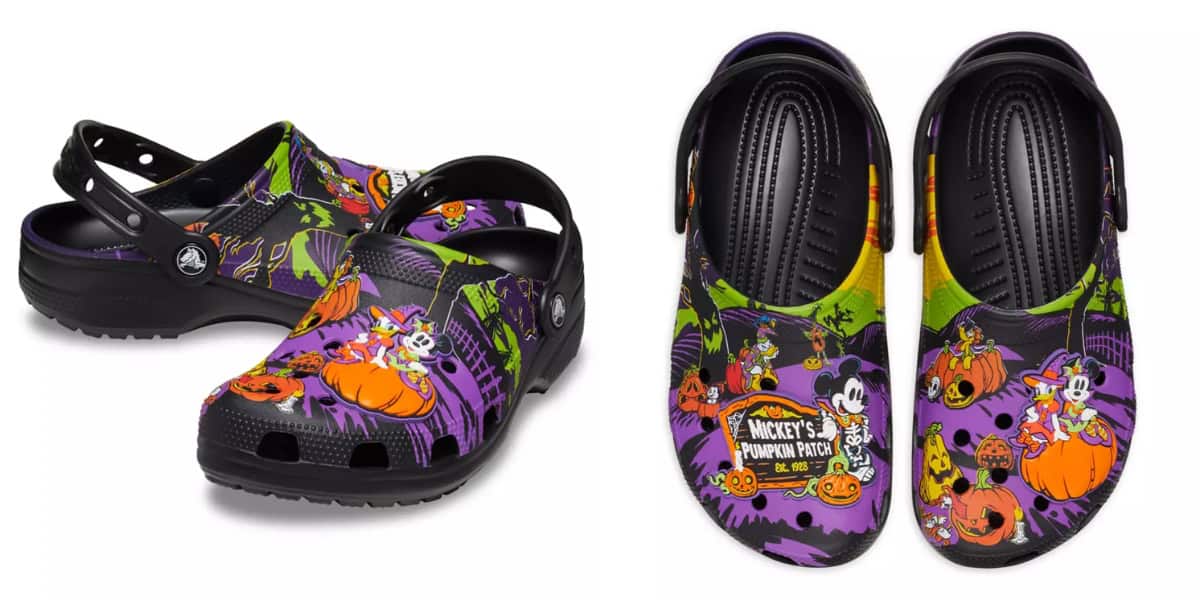 Colorful Crocs featuring a Halloween theme with Disney characters, pumpkins, and a spooky background. The shoes have a mix of black, purple, and orange colors, adorned with illustrations of Mickey Mouse and friends.