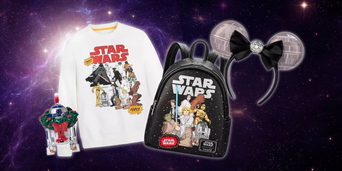 A cosmic background with "Star Wars" merchandise: a white sweatshirt featuring key characters, a black backpack with Star Wars illustrations, Mickey Mouse-style ears with Death Star designs, and an R2-D2 ornament wrapped in Christmas lights.