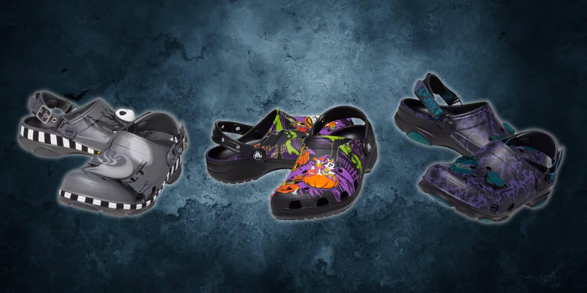 Three pairs of colorful, patterned clogs arranged on a textured, dark blue background. The first pair is gray with black stripes, the second features vibrant cartoon graphics, and the third is a mix of purple and teal with abstract designs.