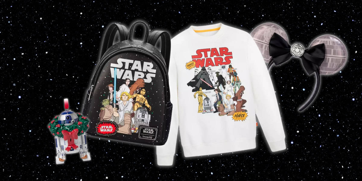 A black Star Wars backpack, a white Star Wars sweatshirt with character illustrations, an R2-D2 keychain, and a Death Star-themed headband with a bow are displayed against a starry space background.