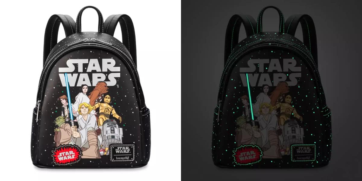 A Star Wars-themed backpack with characters and logo on the left side. On the right side, the backpack is shown glowing in the dark, highlighting the design and speckles around the characters.