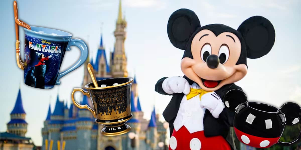 A person wearing a mouse costume stands in front of a castle. Various themed mugs float beside them, including one with a sorcerer design and another with a gold-accented teacup shape. The background features a blue sky and detailed architecture.