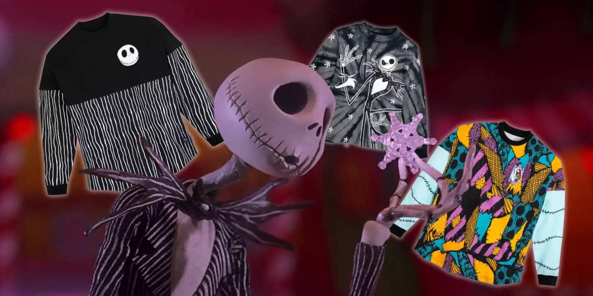 A figure with a skull-like face and pinstripe suit holds a purple star-shaped item. Three sweaters with varied designs and colors, including stripes and Halloween motifs, float in the background. The scene has a whimsical and colorful vibe.