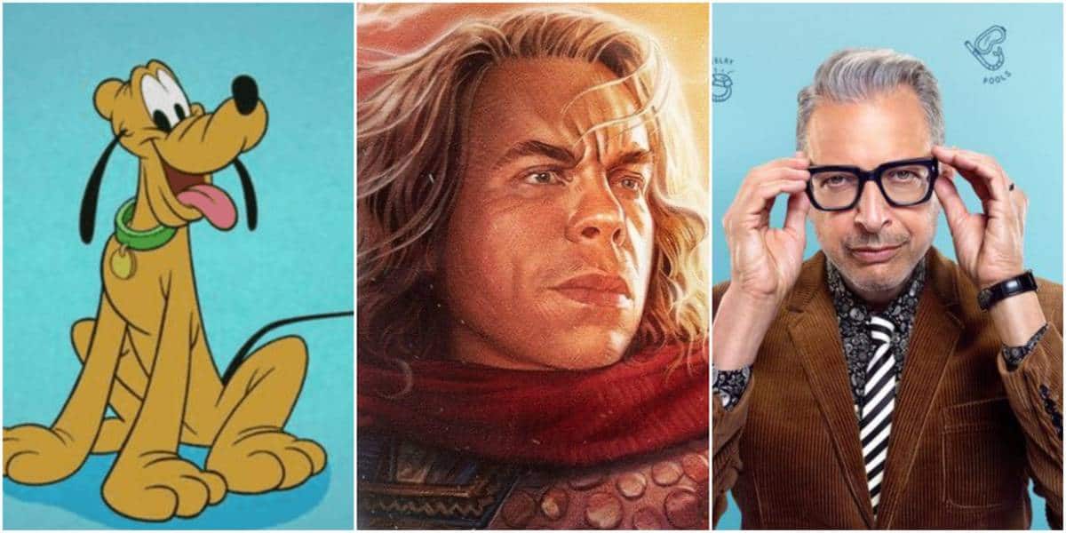 A collage of three images: (1) A cartoon dog with tan fur and long, black ears, sitting with its tongue out. (2) A painted portrait of a man with flowing blond hair and a serious expression, wearing medieval armor. (3) A man in a brown suit adjusting his black-framed glasses.
