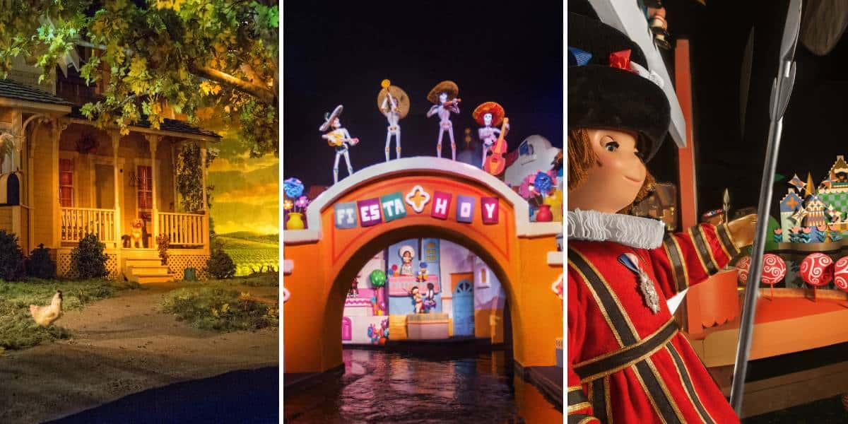 A collage of three enchanting scenes from Disney World rides: a cozy house with a tree and chickens from Living with the Land, vibrant characters celebrating under a "Fiesta Hoy" arch in the Gran Fiesta Tour, and a figure in traditional attire from It's a Small World.
