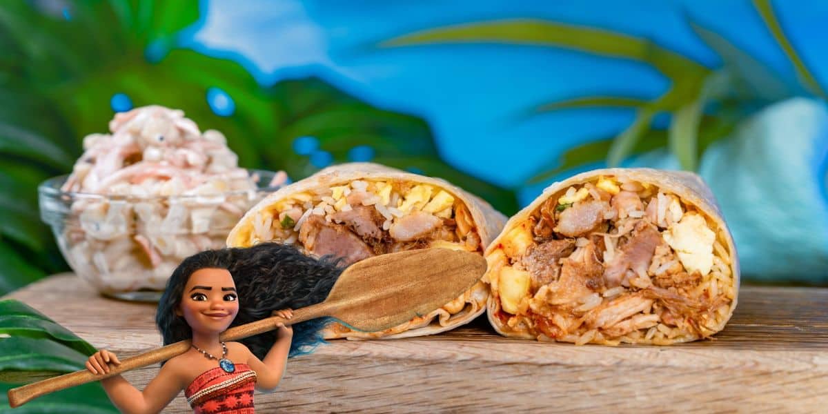 A bowl of creamy salad is placed behind a sliced burrito filled with rice, meat, and cheese. A cartoon character in a red patterned top holds a wooden paddle in the foreground. Green leaves and a bright blue sky serve as the background.