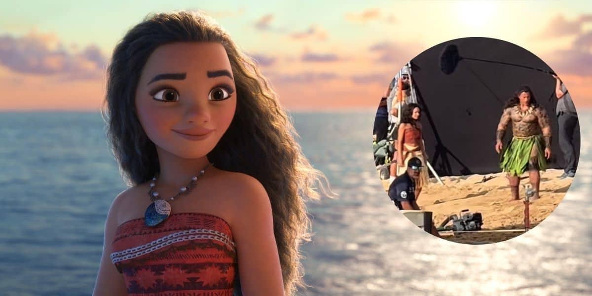 Animated character Moana stands on a beach with the ocean in the background. An inset shows a behind-the-scenes filming scene with a person in a green grass skirt on a sandy beach set.